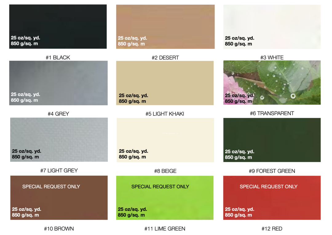 PVC dome tent cover color options offered by Glamping Dome Store. Includes 12 color choices with a material weight of 25 oz/sq. yd (850 g/sq. m): #1 Black, #2 Desert, #3 White, #4 Grey, #5 Light Khaki, #6 Transparent, #7 Light Grey, #8 Beige (special request only), #9 Forest Green, #10 Brown (special request only), #11 Lime Green (special request only), and #12 Red (special request only). Ideal for customizing geodesic dome tents to suit various environments and aesthetic preferences.