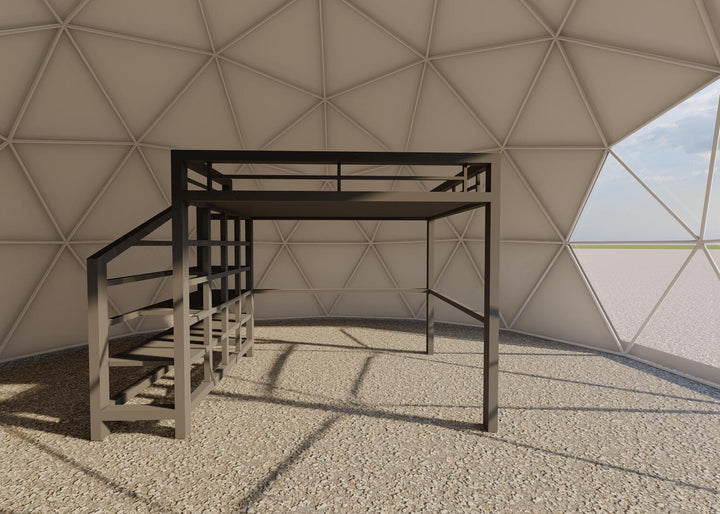 Geodesic dome interior with a metal bunk bed