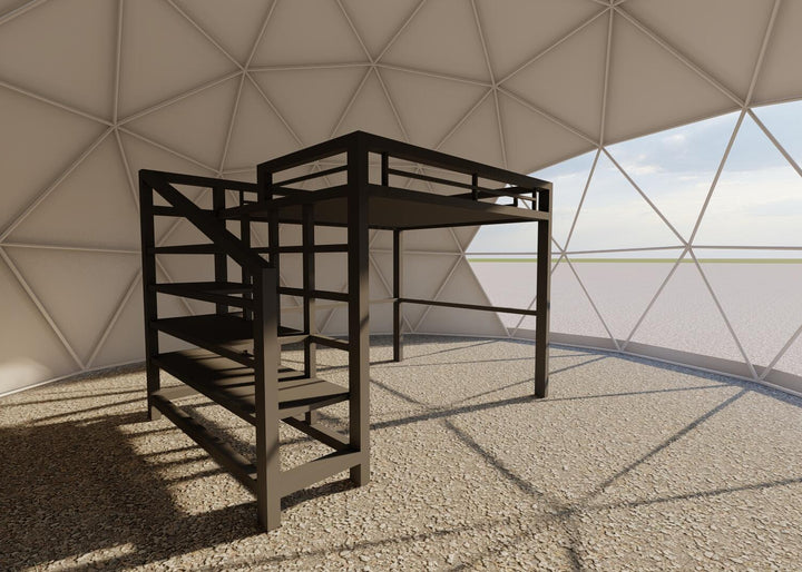 Bunk bed inside a geodesic-shaped dome  tent with a clear sky outside