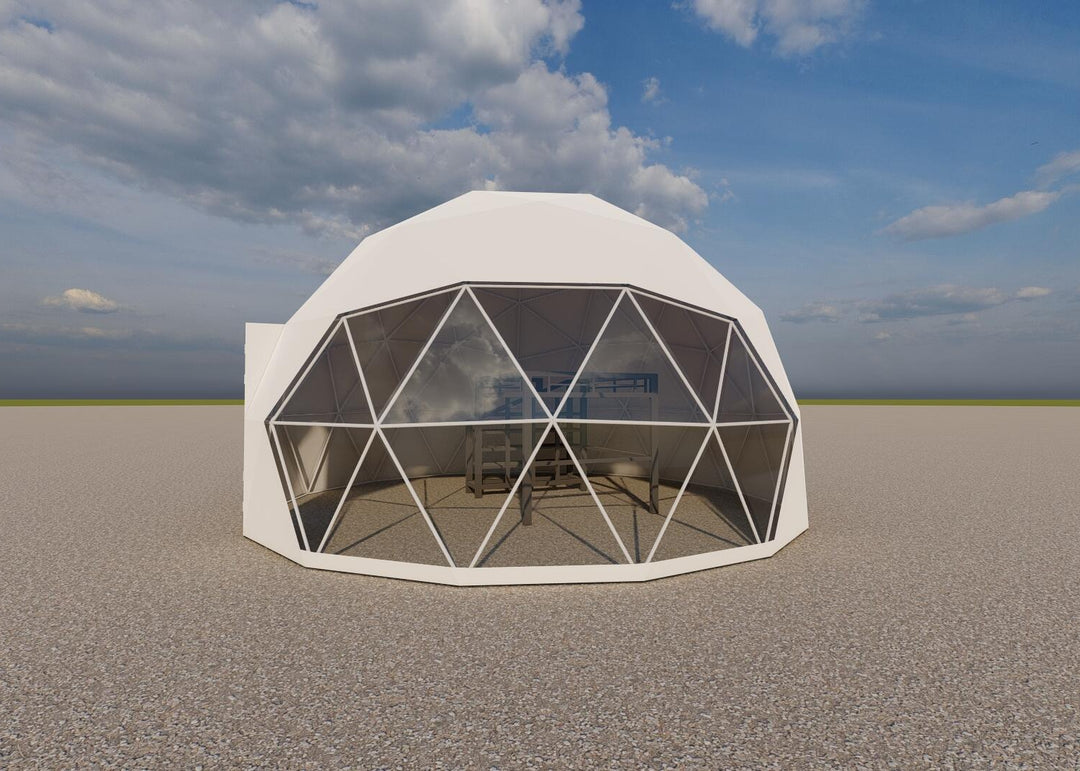 Geodesic dome structure on a plain surface with a blue sky background with bunk mezzanine unit interior
