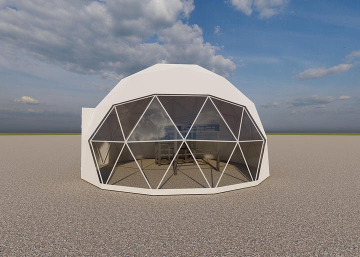 Geodesic dome structure on a plain surface with a blue sky background with bunk mezzanine unit interior