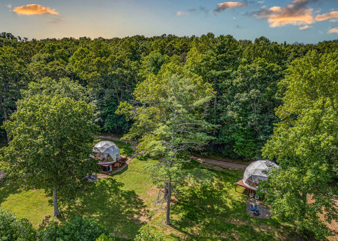Two geodesic domes nestled among trees in a forest setting