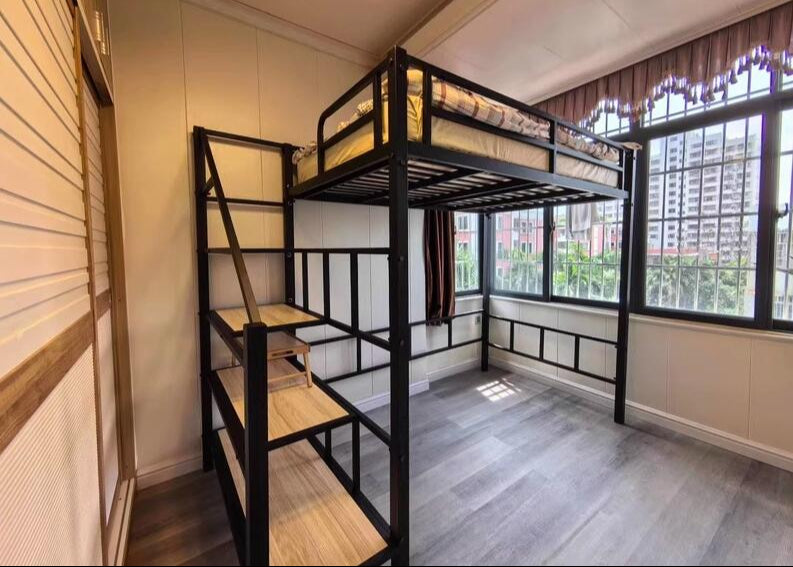 bunk bed and upper-level mezzanine space for geodesic glamping domes