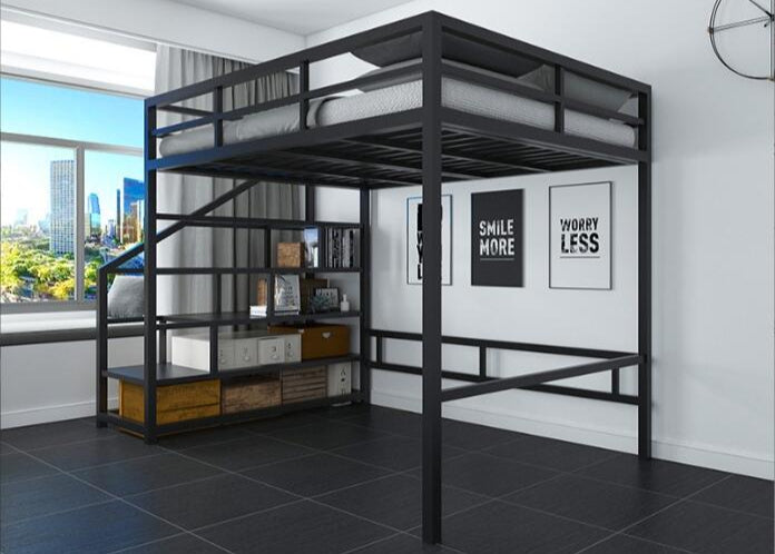 Black metal loft bed in a room with a cityscape view that cne be used in geodesic glamping dome tents