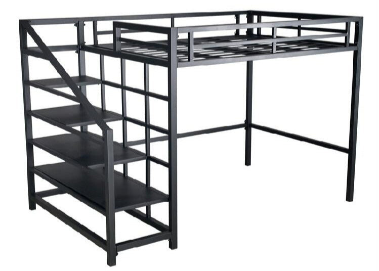 Black metal loft bed with stairs for geodesic dome tent interior