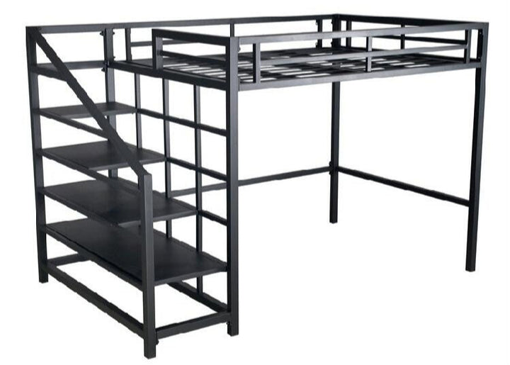 Black metal loft bed with stairs for geodesic dome tent interior
