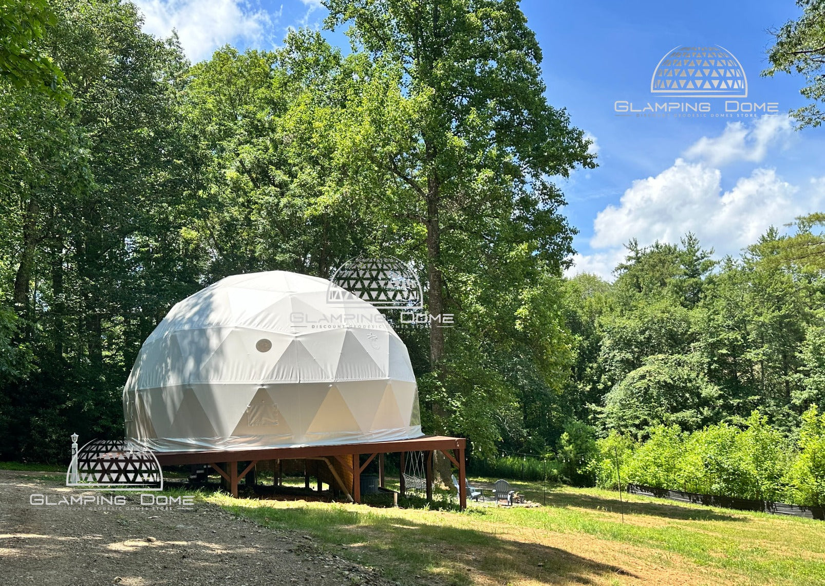 white 29 foot glamping dome on deck for airbnb