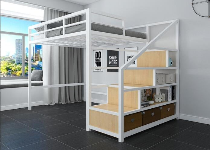 White metal loft bed with wooden shelves and drawers in a room with large windows that many will use inside dome tents 