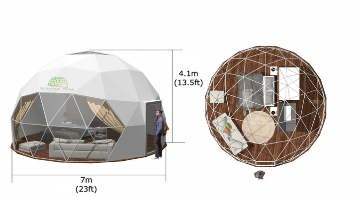 3D rendering of a 23-foot (7-meter) geodesic dome tent kit sold by Glamping Dome Store. The visualization showcases both an exterior view, featuring a durable white PVC cover with panoramic window, and an interior floor plan layout. The interior includes a cozy bed, comfortable seating, a round area rug, and practical furnishings for a luxurious glamping experience. The structure measures 13.5 feet (4.1 meters) in height and is designed for versatile outdoor accommodations.