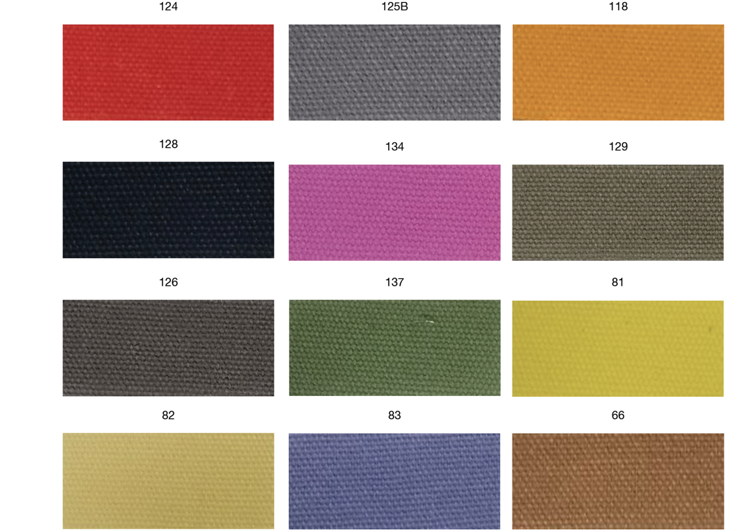 Color options for the canvas finishing layer of soundproof insulation, featuring 12 shades with corresponding numbers: 124 (red), 125B (grey), 118 (orange), 128 (black), 134 (pink), 129 (olive green), 126 (dark grey), 137 (green), 81 (yellow), 82 (mustard yellow), 83 (blue), and 66 (brown). Available at no extra charge for Glamping Dome Store geodesic dome tents.