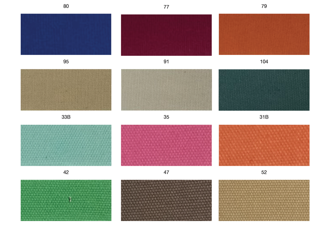 Canvas finishing layer color options for soundproof insulation, featuring 15 shades with corresponding numbers: 80 (navy blue), 77 (burgundy), 79 (burnt orange), 95 (beige), 91 (off-white), 104 (dark teal), 33B (aqua), 35 (pink), 31B (orange), 42 (green), 47 (dark brown), and 52 (tan). Available at no extra charge for Glamping Dome Store geodesic dome tents.