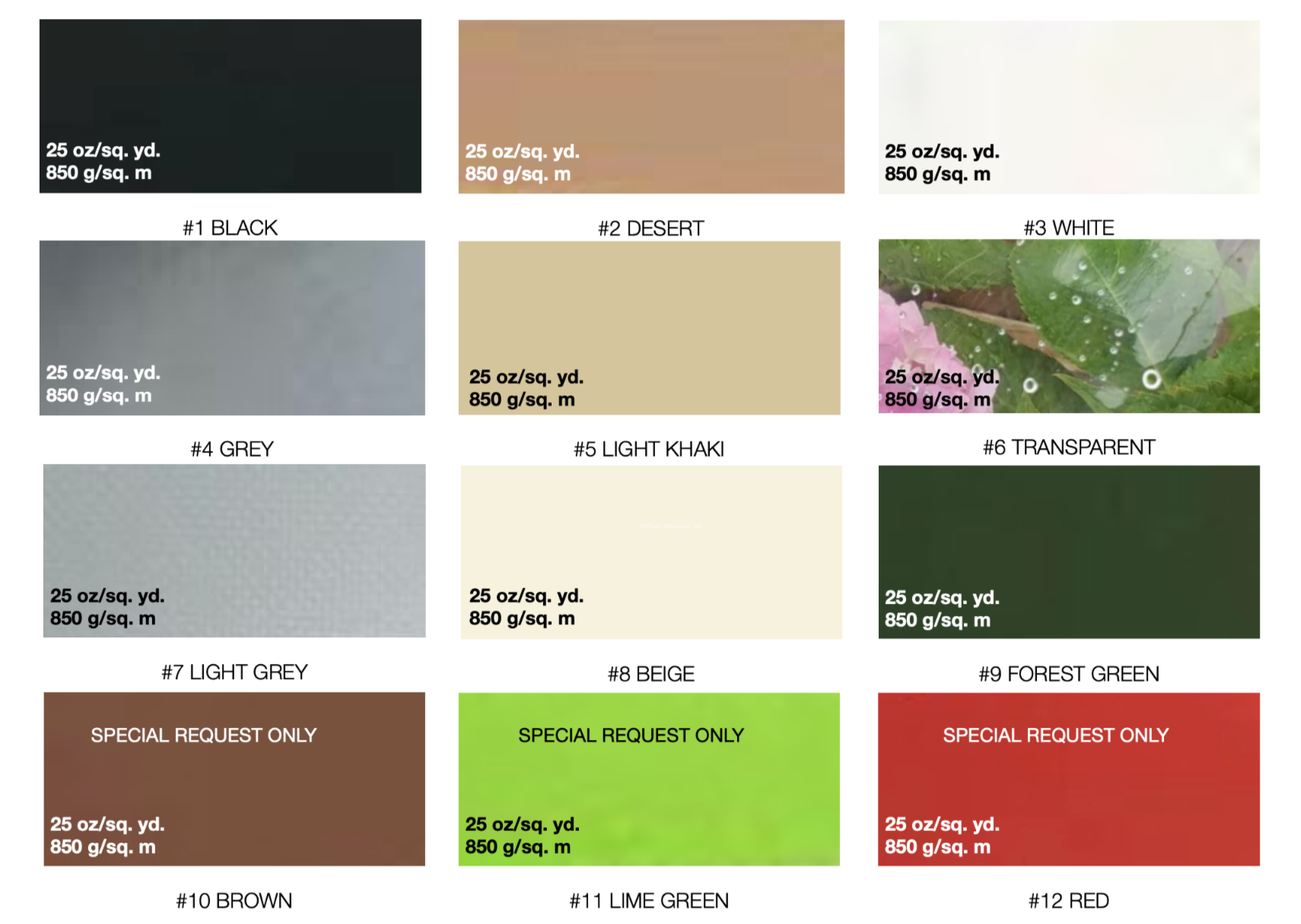 pvc color chart for covers of the geodesic dome tents