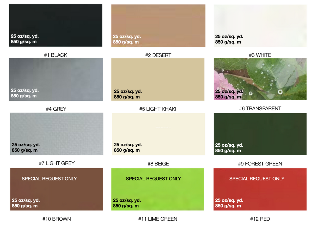 PVC dome tent cover color options offered by Glamping Dome Store. Includes 12 color choices with a material weight of 25 oz/sq. yd (850 g/sq. m): #1 Black, #2 Desert, #3 White, #4 Grey, #5 Light Khaki, #6 Transparent, #7 Light Grey, #8 Beige (special request only), #9 Forest Green, #10 Brown (special request only), #11 Lime Green (special request only), and #12 Red (special request only). Ideal for customizing geodesic dome tents to suit various environments and aesthetic preferences.