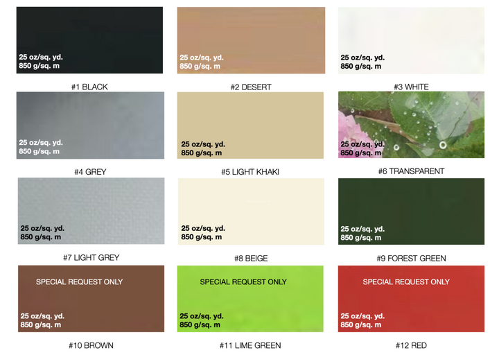 PVC dome tent cover color options offered by Glamping Dome Store. Includes 12 color choices with a material weight of 25 oz/sq. yd (850 g/sq. m): #1 Black, #2 Desert, #3 White, #4 Grey, #5 Light Khaki, #6 Transparent, #7 Light Grey, #8 Beige (special request only), #9 Forest Green, #10 Brown (special request only), #11 Lime Green (special request only), and #12 Red (special request only). Ideal for customizing geodesic dome tents to suit various environments and aesthetic preferences.