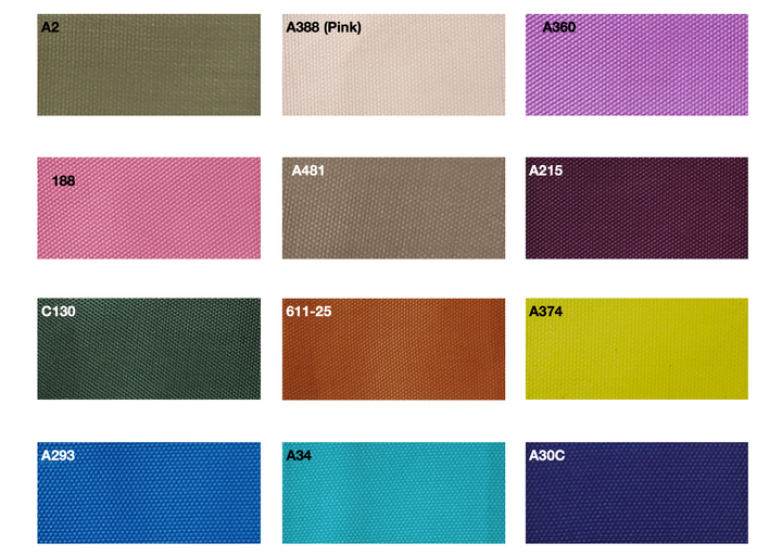 Additional color options for Quilted Synthetic Insulation Fabric Layer by Glamping Dome Store. The palette includes olive green (A2), light pink (A388), lavender (A360), hot pink (188), taupe (A481), burgundy (A215), forest green (C130), burnt orange (611-25), bright yellow (A374), royal blue (A293), teal (A34), and navy blue (A30C). These colors offer versatility and customization for geodesic dome tent designs, ensuring both functionality and aesthetics.