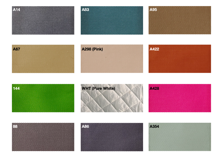 Color options for Quilted Synthetic Insulation Fabric Layer by Glamping Dome Store, showcasing a range of vibrant and neutral shades. The selection includes grey (A14), teal (A83), brown (A95), beige (A67), pink (A298), orange (A422), green (144), pure white (WHT), bright pink (A428), dark gray (B8), charcoal (A86), and light gray (A354). These options provide customizable and aesthetic solutions for geodesic dome tents.